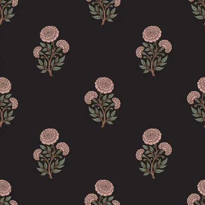 Marigold Whispers Wallpaper features a delicate floral repeat of stylized marigold blossoms in muted mauve and sage tones.