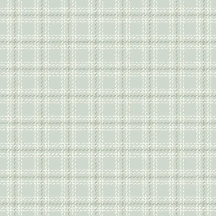 Laurel Plaid wallpaper features a timeless plaid pattern in soft sage green and cream for a cozy yet refined backdrop.