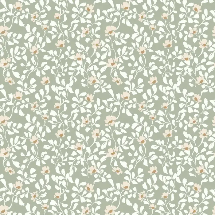 Create a serene and romantic atmosphere with our Feminine Floral wallpaper, featuring soft white and peach blooms on muted sage green.