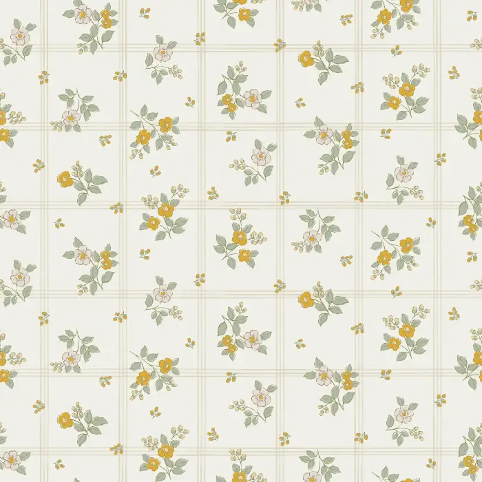 The Petal Flurry Wallpaper brings fresh vintage charm to any room with its delicate clusters of soft yellow and sage green flowers arranged in a dainty grid pattern.