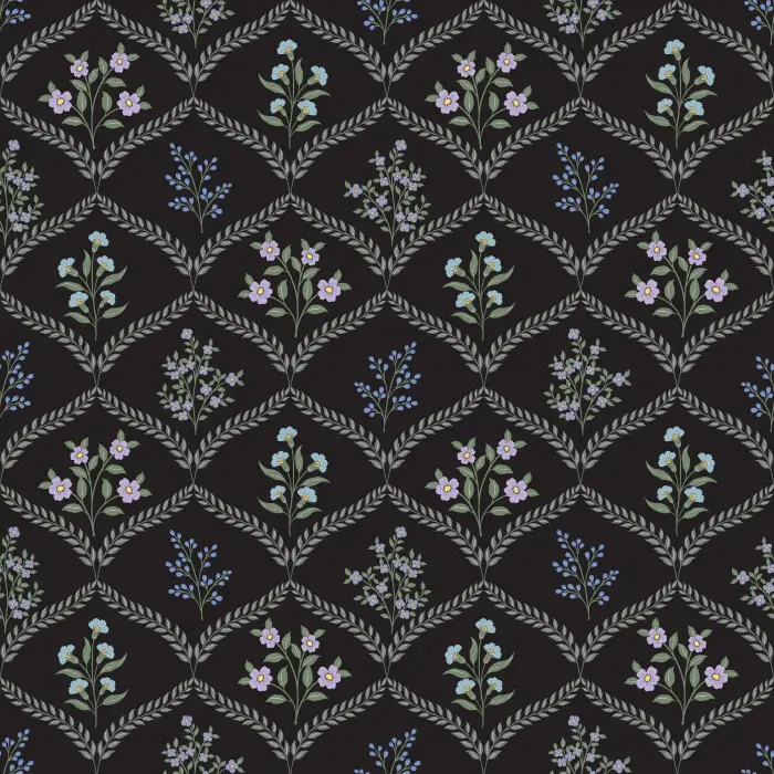 The Joyful Meadow Wallpaper brings natural beauty indoors with delicate sprigs of wildflowers arranged in a soft diamond lattice pattern.