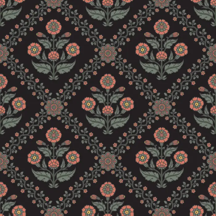 The Floral Legacy Wallpaper captures timeless beauty with its soft, symmetrical floral medallions in muted blue, sage, and beige tones.