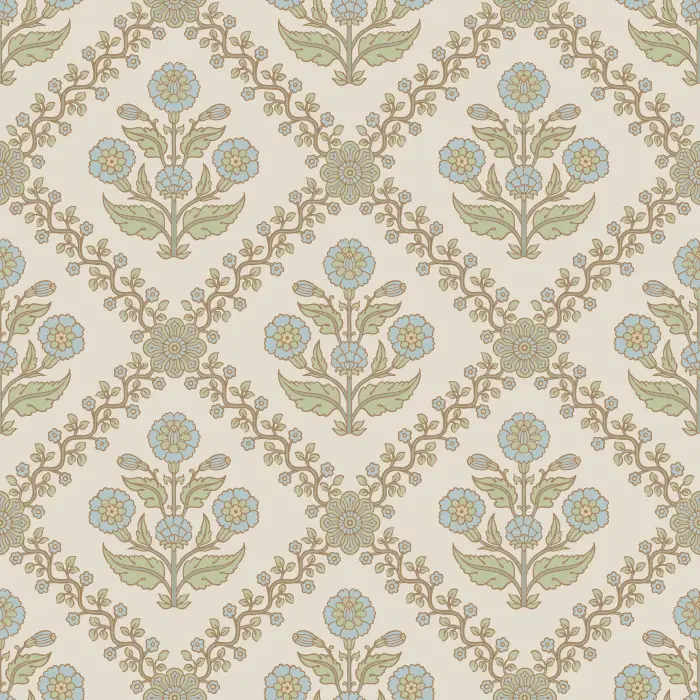 The Floral Legacy Wallpaper captures timeless beauty with its soft, symmetrical floral medallions in muted blue, sage, and beige tones.
