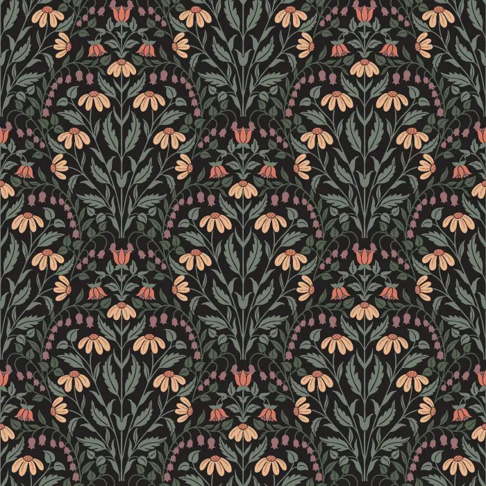 The Summer Wildflowers Wallpaper celebrates nature’s charm with a graceful botanical pattern of coral, sage, and golden florals on a warm ivory backdrop.