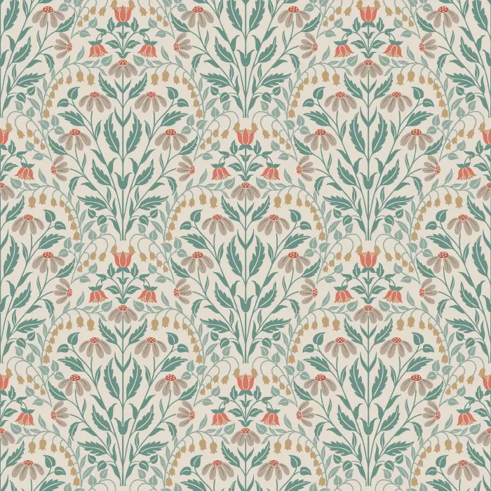 The Summer Wildflowers Wallpaper celebrates nature’s charm with a graceful botanical pattern of coral, sage, and golden florals on a warm ivory backdrop.