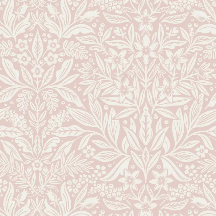 Floral Weave Wallpaper showcases an intricate, lace-like botanical pattern with interlaced leaves and blossoms in a delicate blush-and-cream palette.