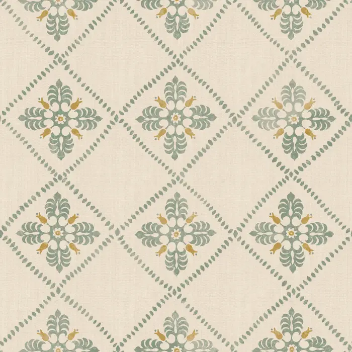 Merrivale Weave Wallpaper features a charming diamond-grid layout with delicate floral emblems in soft green and gold on a warm cream backdrop.